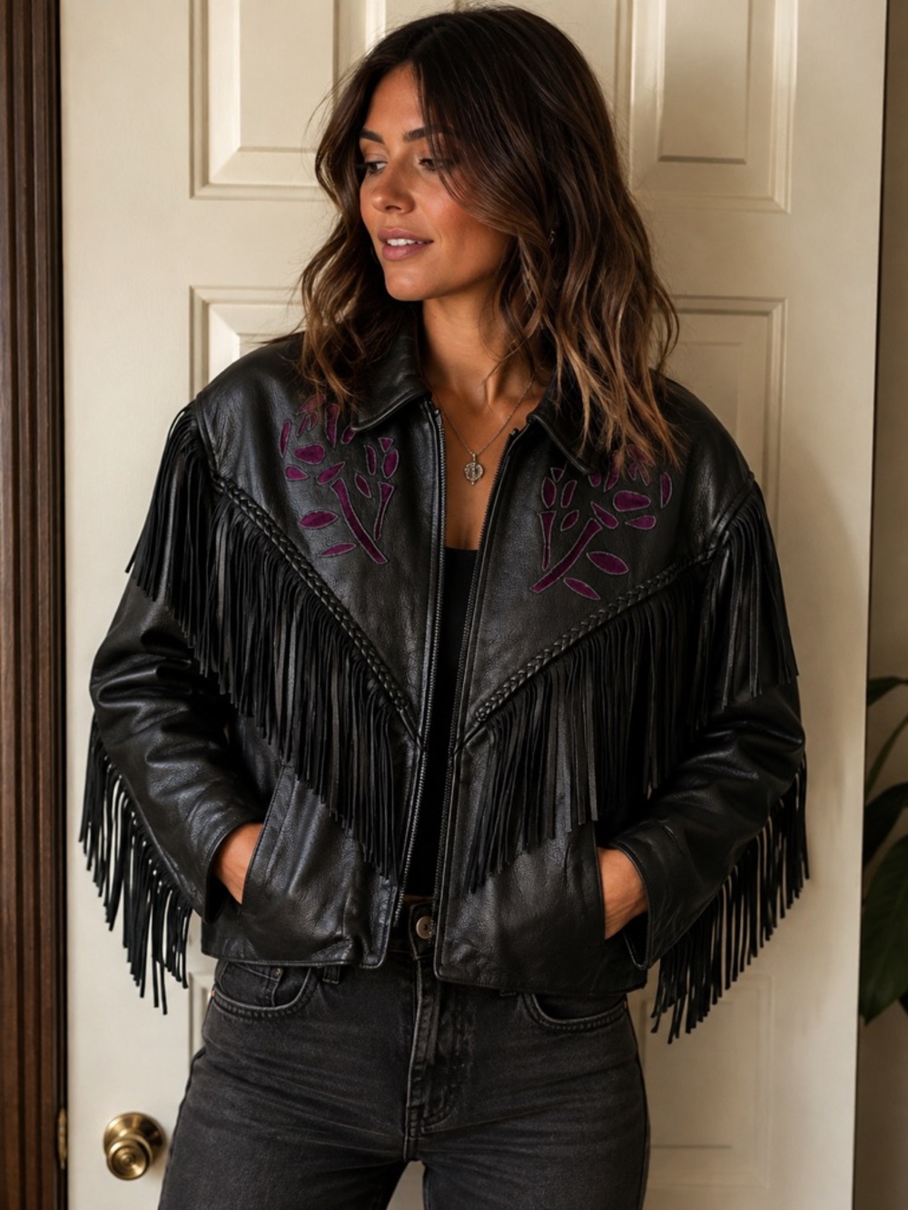 Antelope Creek Leather Fringe Biker Jacket Black Purple Suede Inlay Braided XL